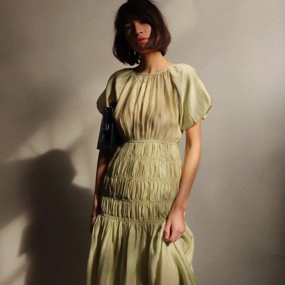 Modern Citizen Smocked Midi Dress Sage Women Size S Minimalist Cottage Prairie